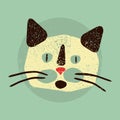 Cartoon head of cat in applique style. Typographical vintage grunge vector illustration. Royalty Free Stock Photo